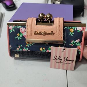 Sally Young Floral Kiss-Lock Wallet in Navy and Pink